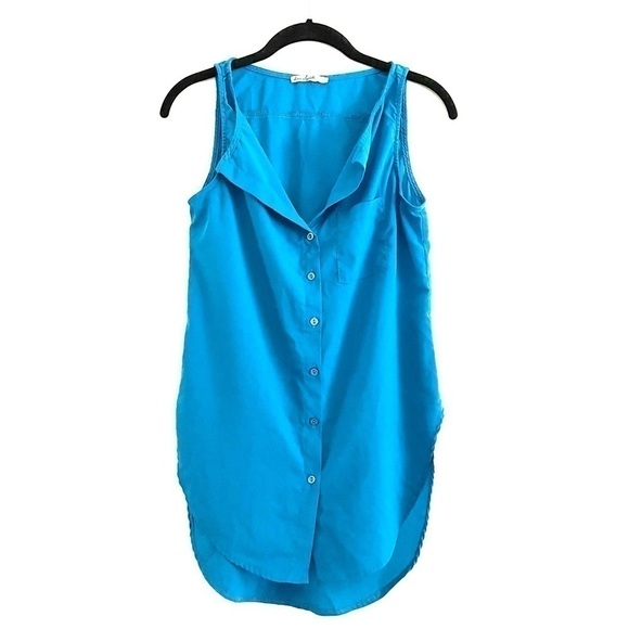 Love Squared Tank Top S Sleeveless Round Hem Button Down Blue Pocket Office - Picture 1 of 8